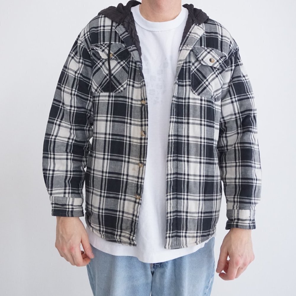 Vintage Wrangler White Black Plaid Quilt Lined Hooded Cotton Button Up Shacket S